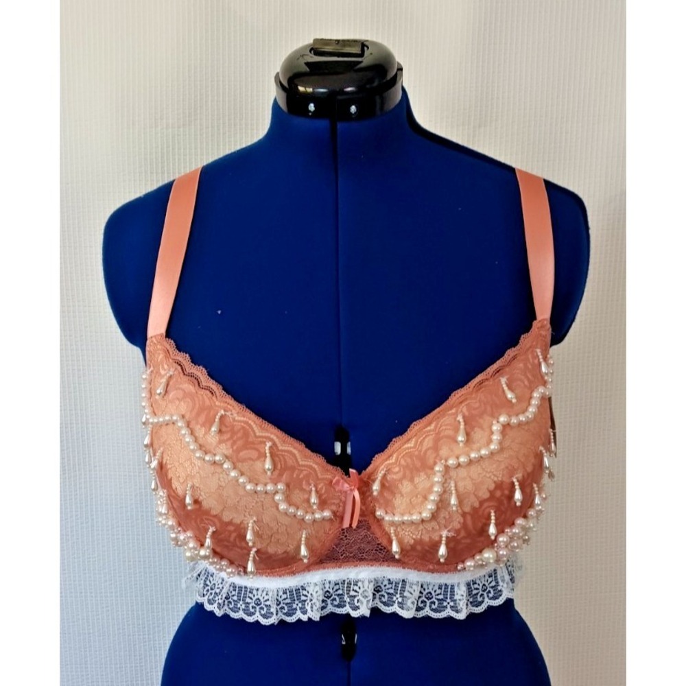 Sofra faux pearl lace beaded Adjustable Straps underwired Peach Bra size 40DD